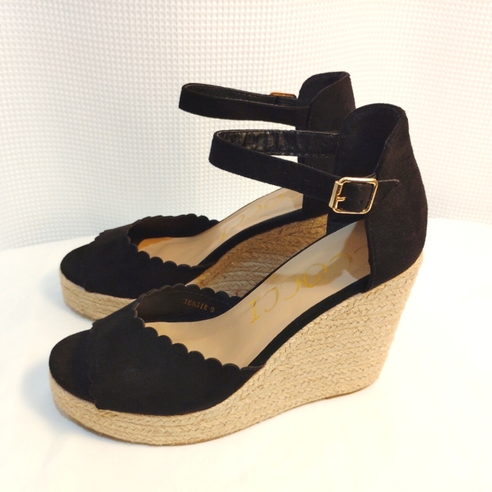 CCOCCI Jessie Espadrilles Wedge Sandal Black Suede w/ Ankle Buckle Strap - Picture 14 of 14